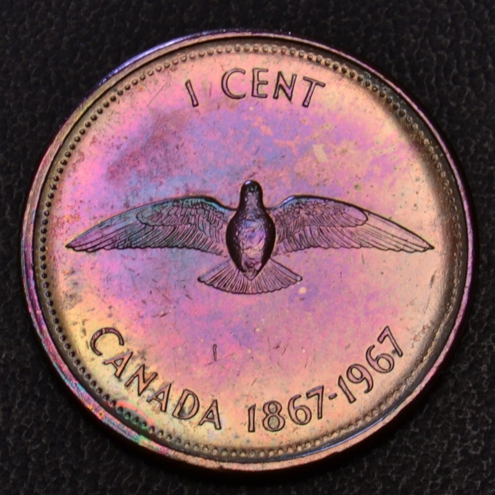 1967 Canada Centennial one cent rainbow toning high luster (L23-27)
