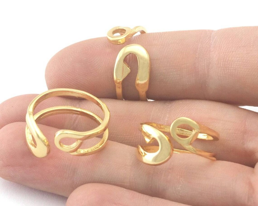 Safety Pin Statement Adjustable Ring Gold Plated Brass (7 - 9US inner size 4334