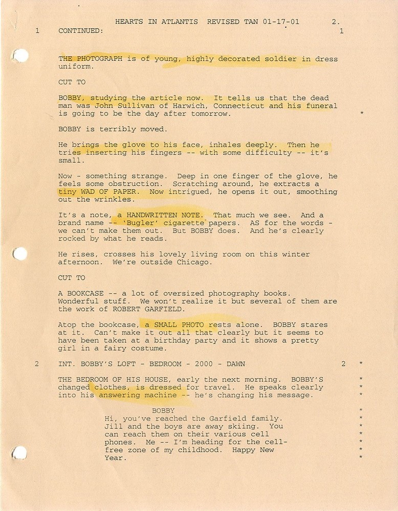 HEARTS IN ATLANTIS (2001) Fifth draft film script for Stephen King adaptation