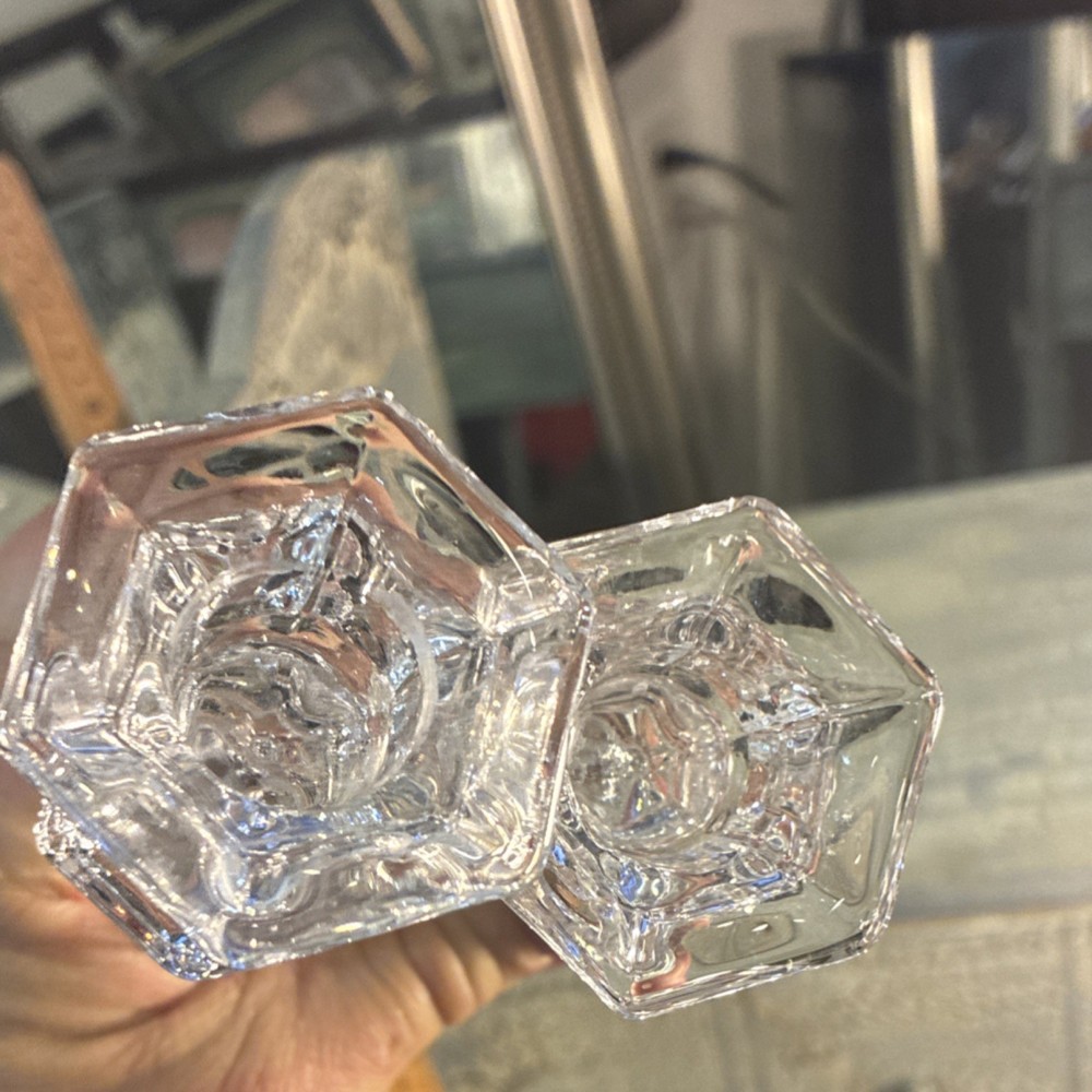 Clear Glass Hexagonal Candle Holders Pair Smooth Finish Decorative