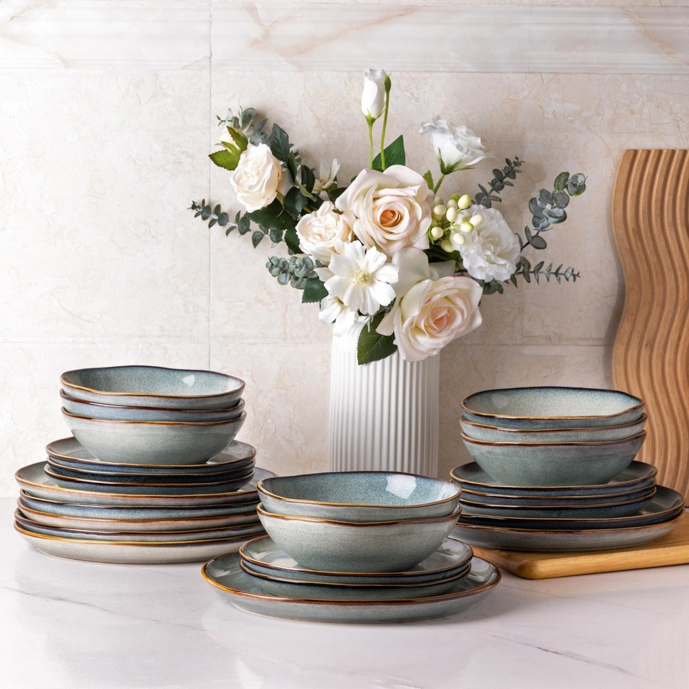 Ceramic Dinnerware Sets,Handmade Reactive Glaze Stoneware Plates and Bowls Se...