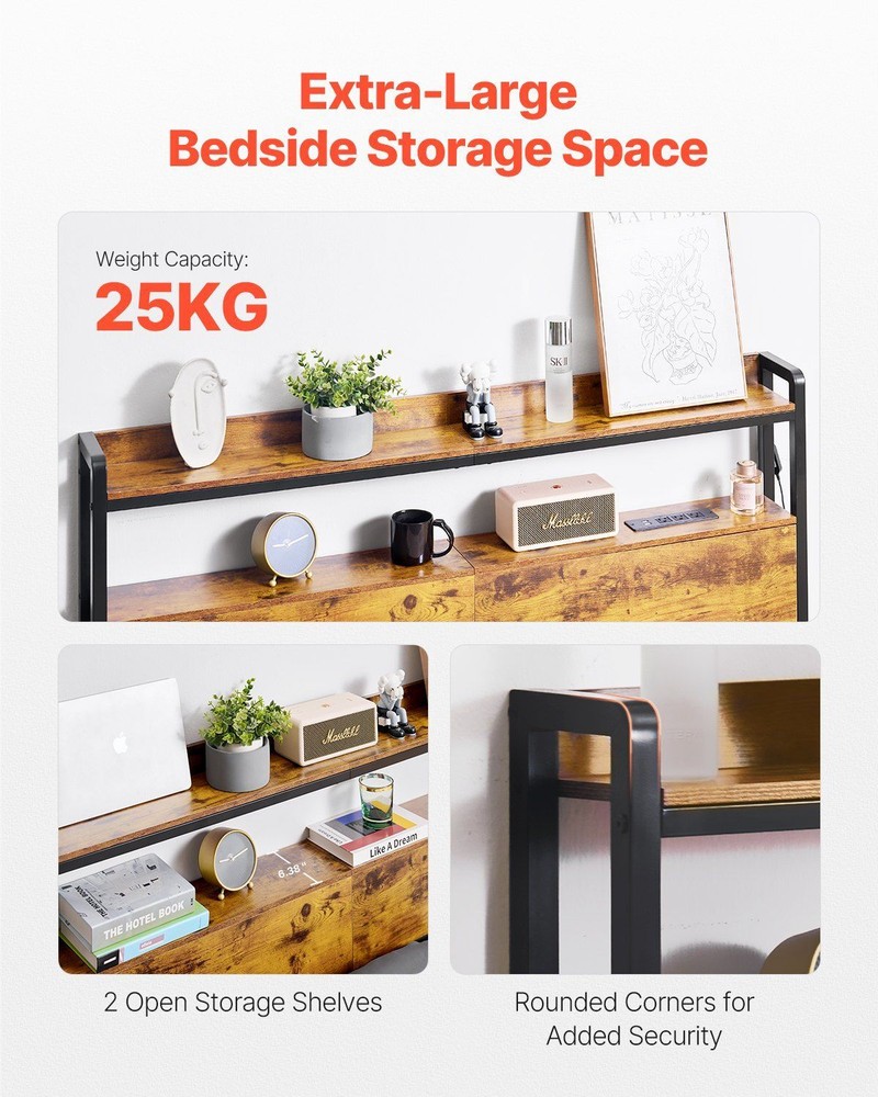 Adjustable Full Size Headboard w/Storage Shelves, USB Charging & LED Light