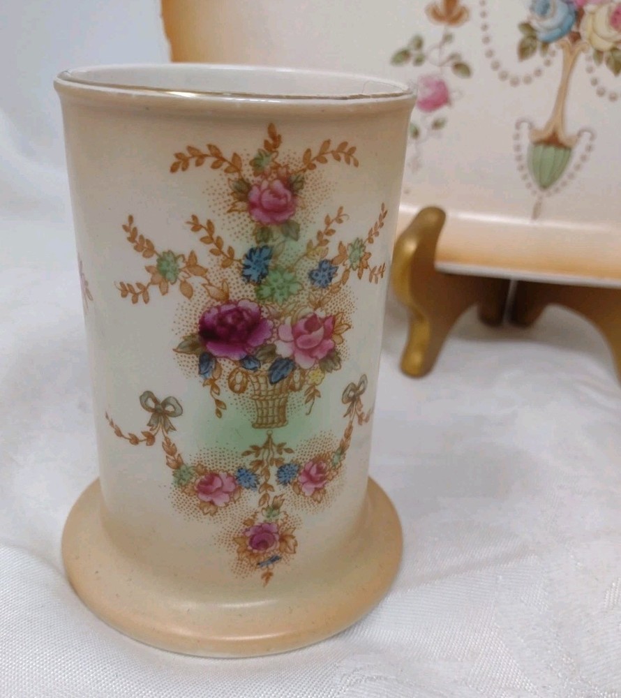 Devonware England Vanity Set Crown Tray Dish Cup Bone China Floral