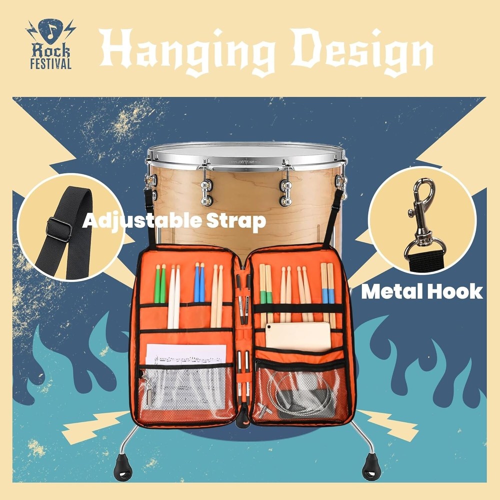 Drum Stick Bag with Hanging Hooks, Drum Mallet Storage with Adjustable Shoulder