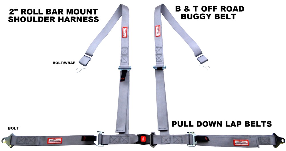 RACERDIRECT GREY 4 POINT SEAT BELT 2" HARNESS PULL DOWN LAP BELTS ROLL BAR MOUNT