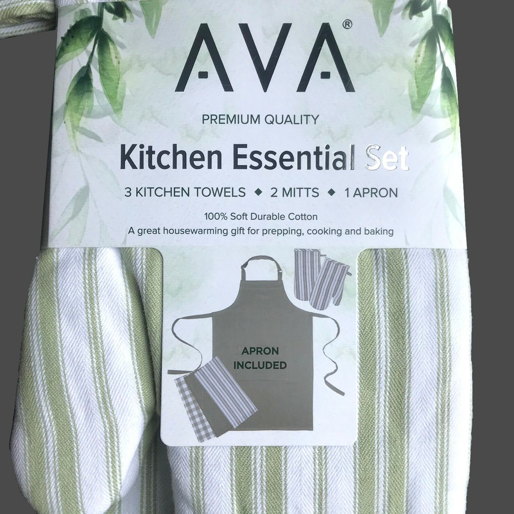 AVA Quality Kitchen Essential Set - 3 Kitchen Towels, 2 Mitts, 1 Apron Gift Set