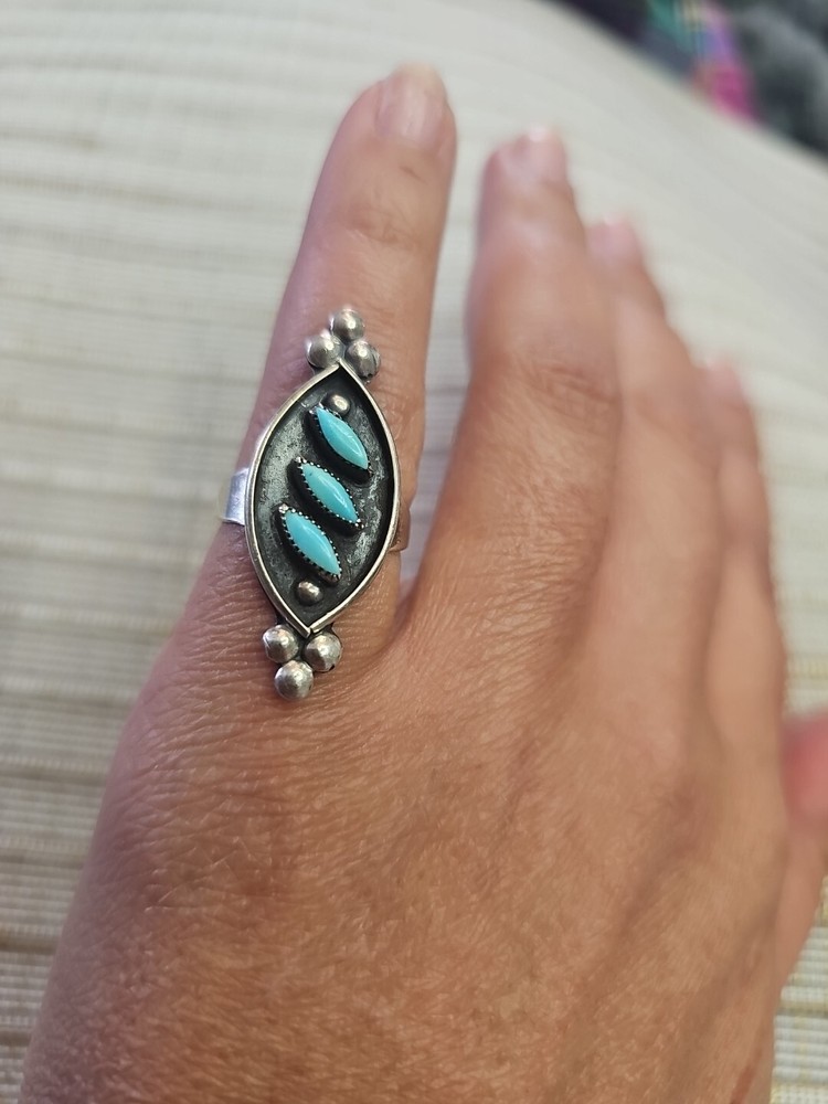 Zuni Sterling Silver Turquoise Needlepoint Ring Size 5.5 Vintage, Unmarked