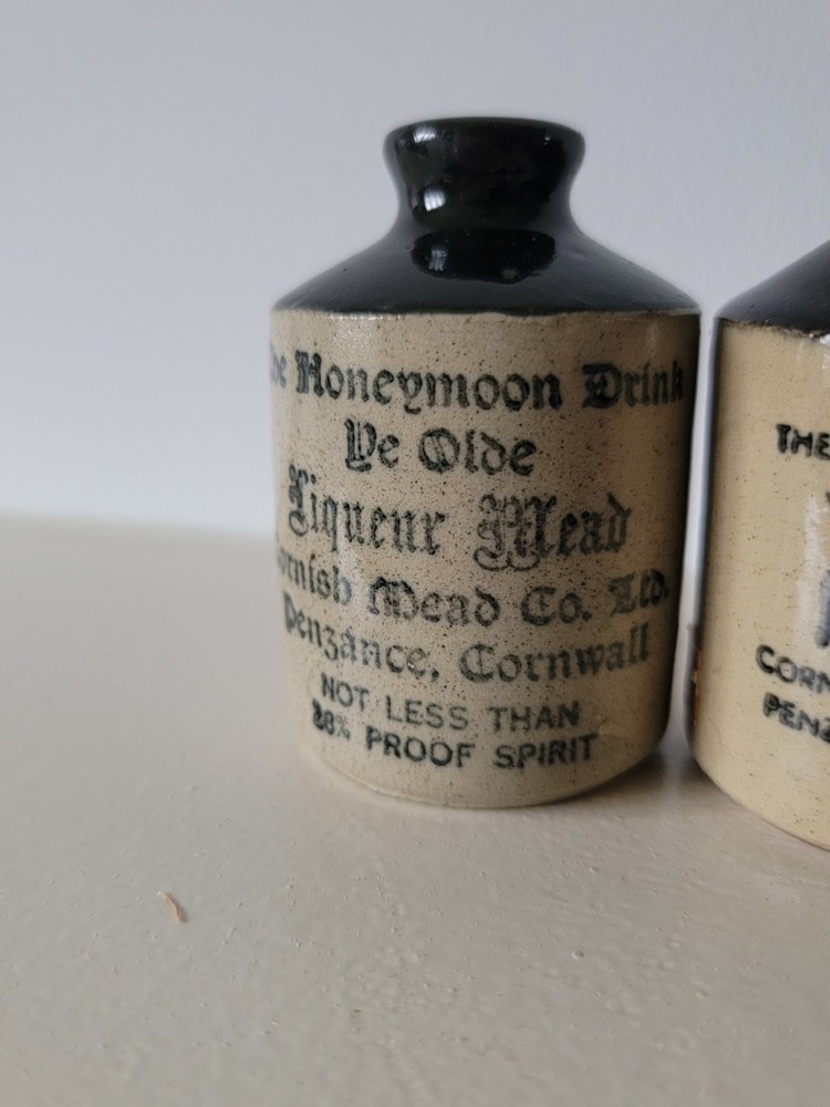 Pair Vintage Cornish Mead Stoneware Mini Bottles Penzance