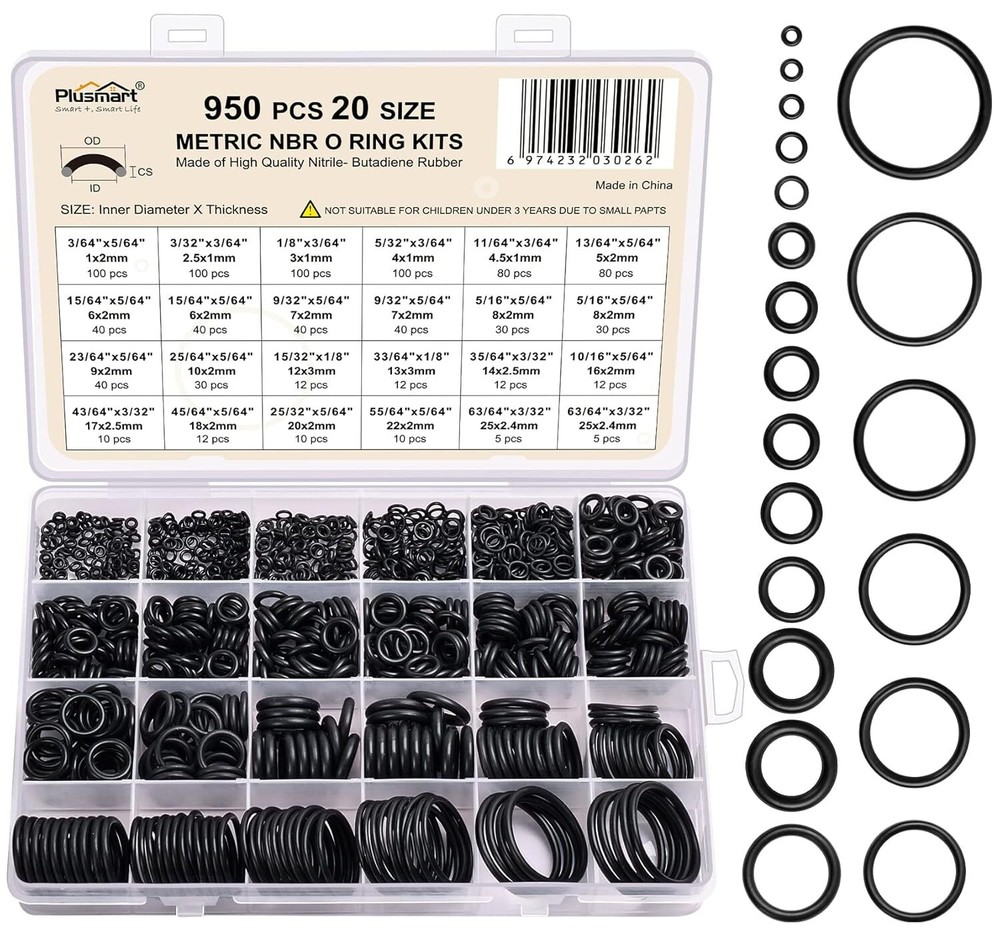 O Ring Kit, 950 Pcs Rubber O-Ring Assortment 3/64" ~ 63/64" 950pcs, Black