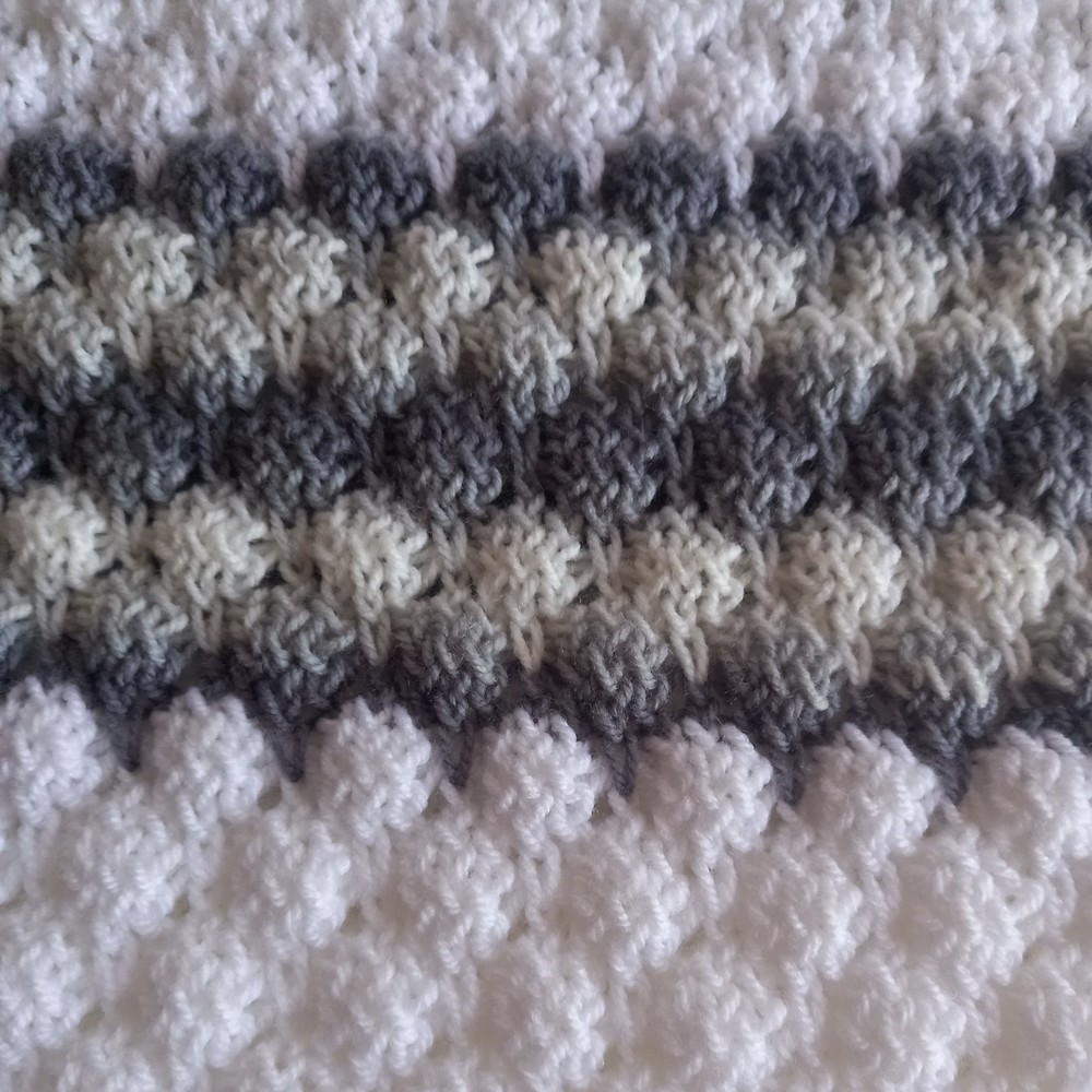 Hand Knitted White and Grey Baby Blanket