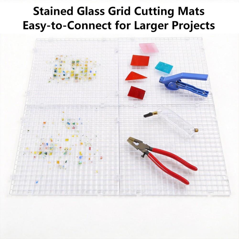 Stained Glass Cutting Mat, Solid Bottom Plastic Grid, 12"x12", Includes Rubbe...