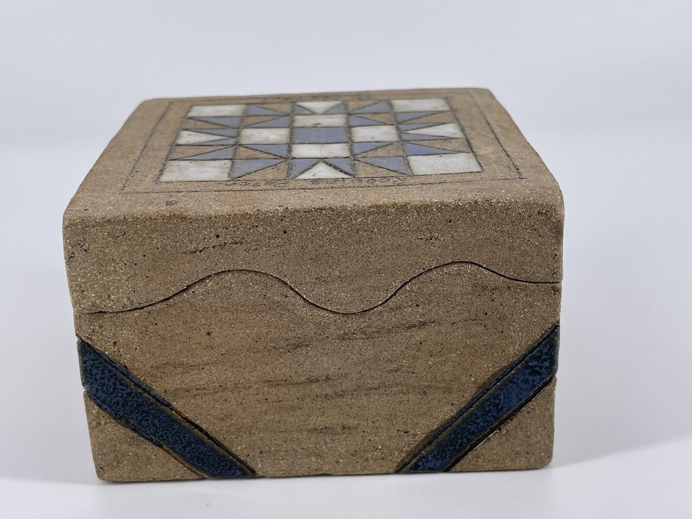 Unique Sandstone Box Hand Painted Glazed White and Blue Design Signed