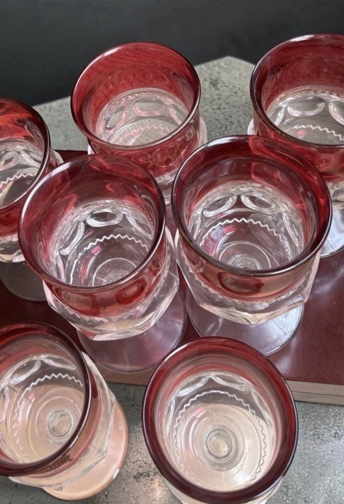 Tiffin Glass Co. "King's Crown" ruby red flashed thumbprint goblets. Collection