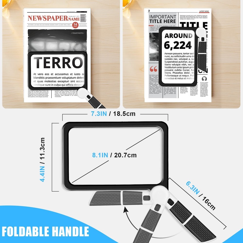 5X Handheld Magnifier for Page Reading - Large Folding Lighted Magnifier with...