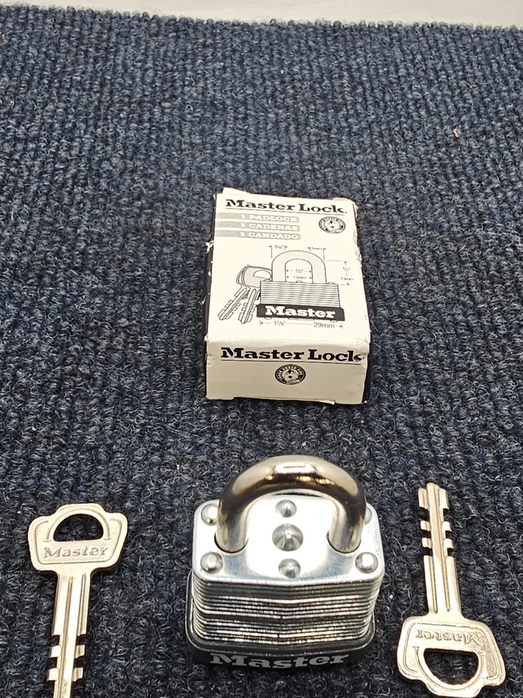 (QTY 4) Master Lock Padlock Rectangular Silver Steel 1-1/8"H W/ Keys