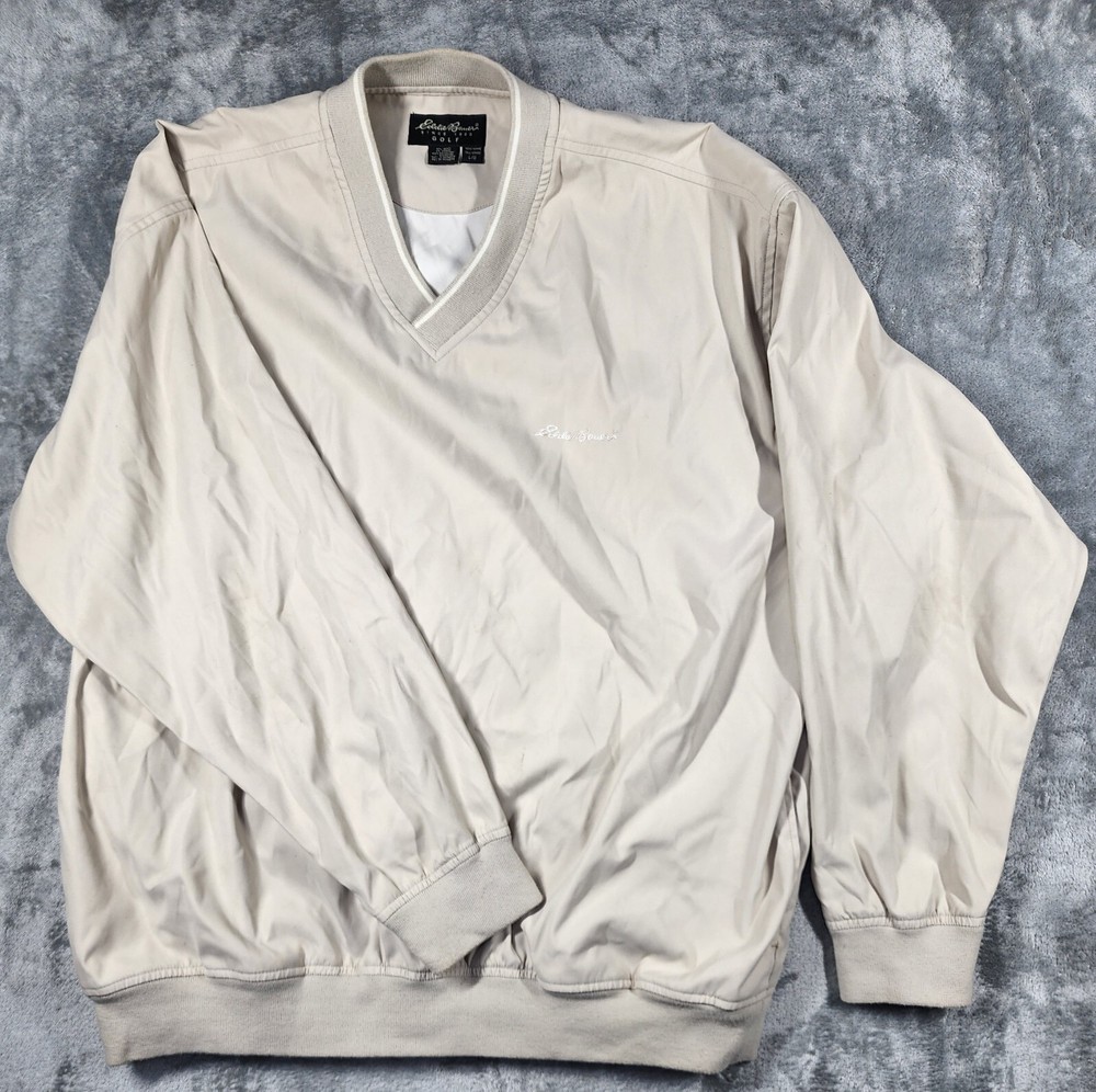 Eddie Bauer Mens Jacket Beige Golf Pullover Windbreaker Size Large V Neck
