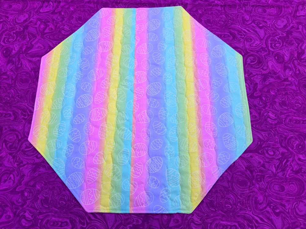 Handmade Quilted Table topper spring Easter eggs RAINBOW glittered octagon rev.