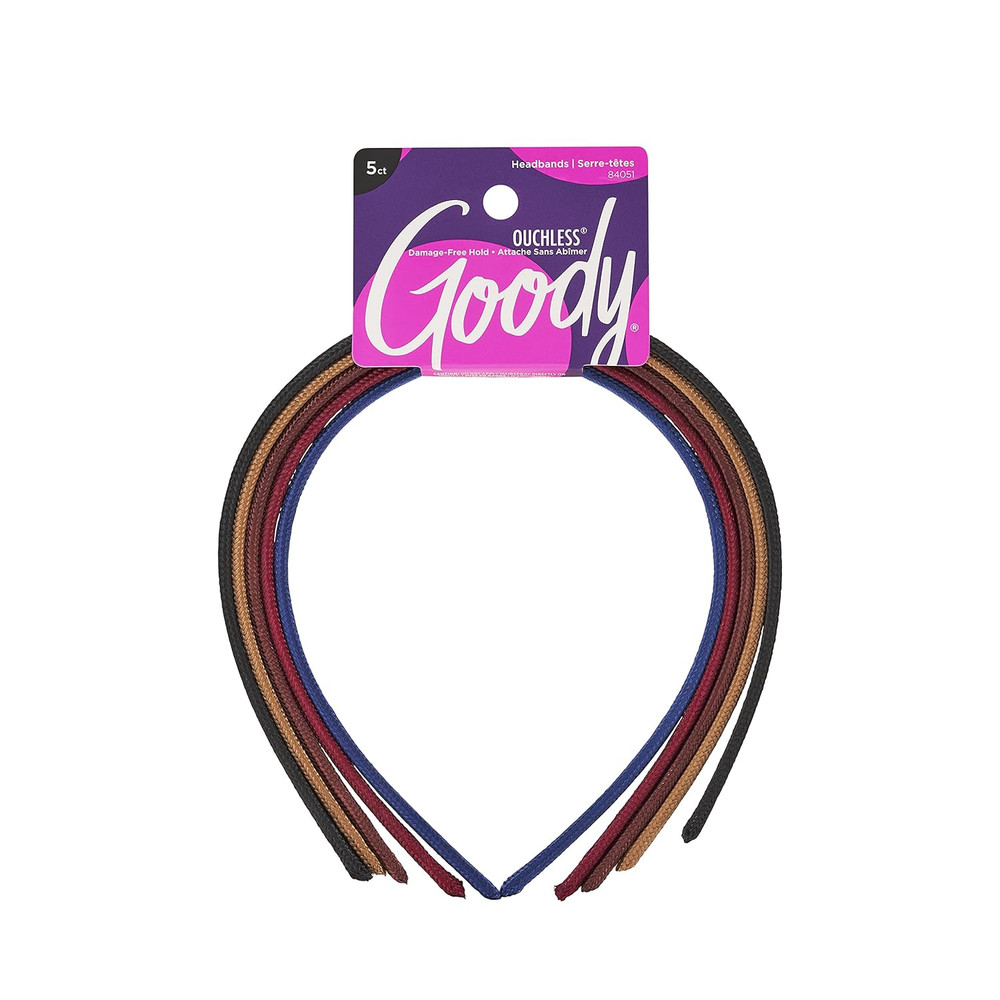 Ouchless Shoestring Headbands, 5 Ct, Assorted Colors, Stylish & Lightweight Thin
