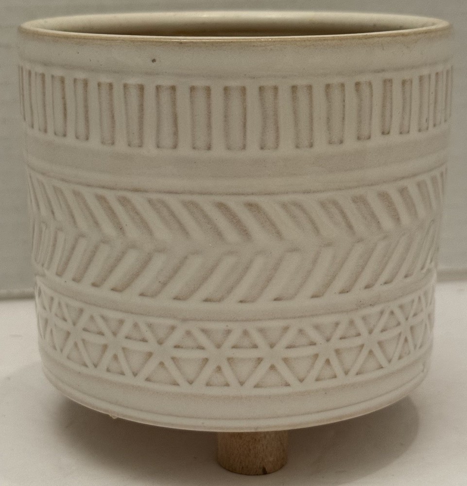 Footed White Geometric Ceramic Pot 4.5” Diameter 4.5” Height