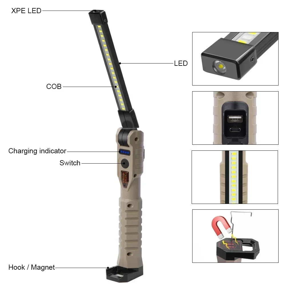 Folding COB XPE LED Work Light Flashlight USB Rechargeable SOS Torch