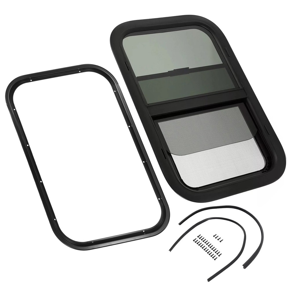 24" x 15" For Camper Cargo Trailer Slider RV Window W/ Trim Ring Screen Black