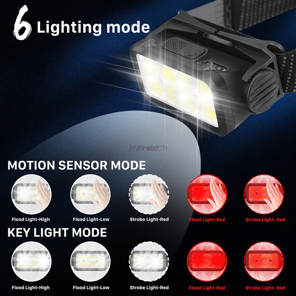 COB LED Headlamp Motion Sensor Head Torch USB Rechargeable Headlight Waterproof