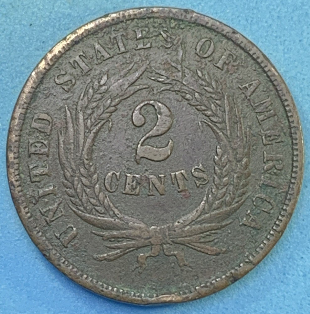 1864 2¢ Two Cent Piece Large Motto – Strong Details / Environmental Damage