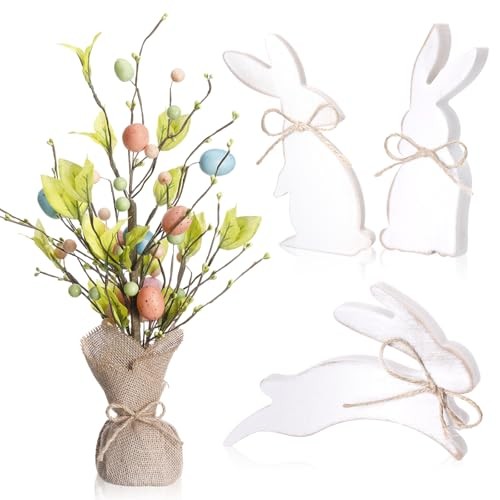 Easter Egg Tree with Burlap Base and Rustic Bunny Signs Set, Wooden Classic 4