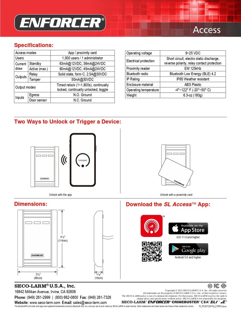 Seco-Larm PR-B1124-PQ ENFORCER Bluetooth Access Controller Proximity Card Reader