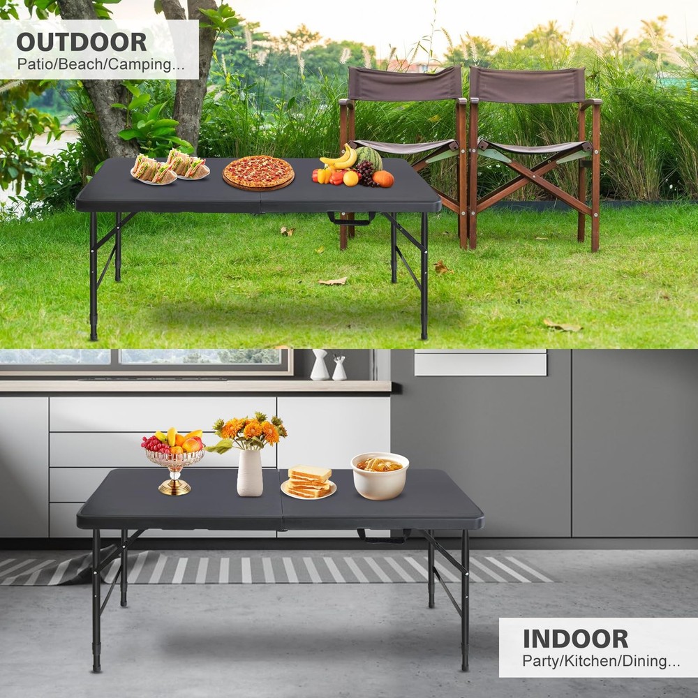 Portable 4Ft Adjustable Height Plastic Folding Table, Heavy Duty Fold-in-Half...