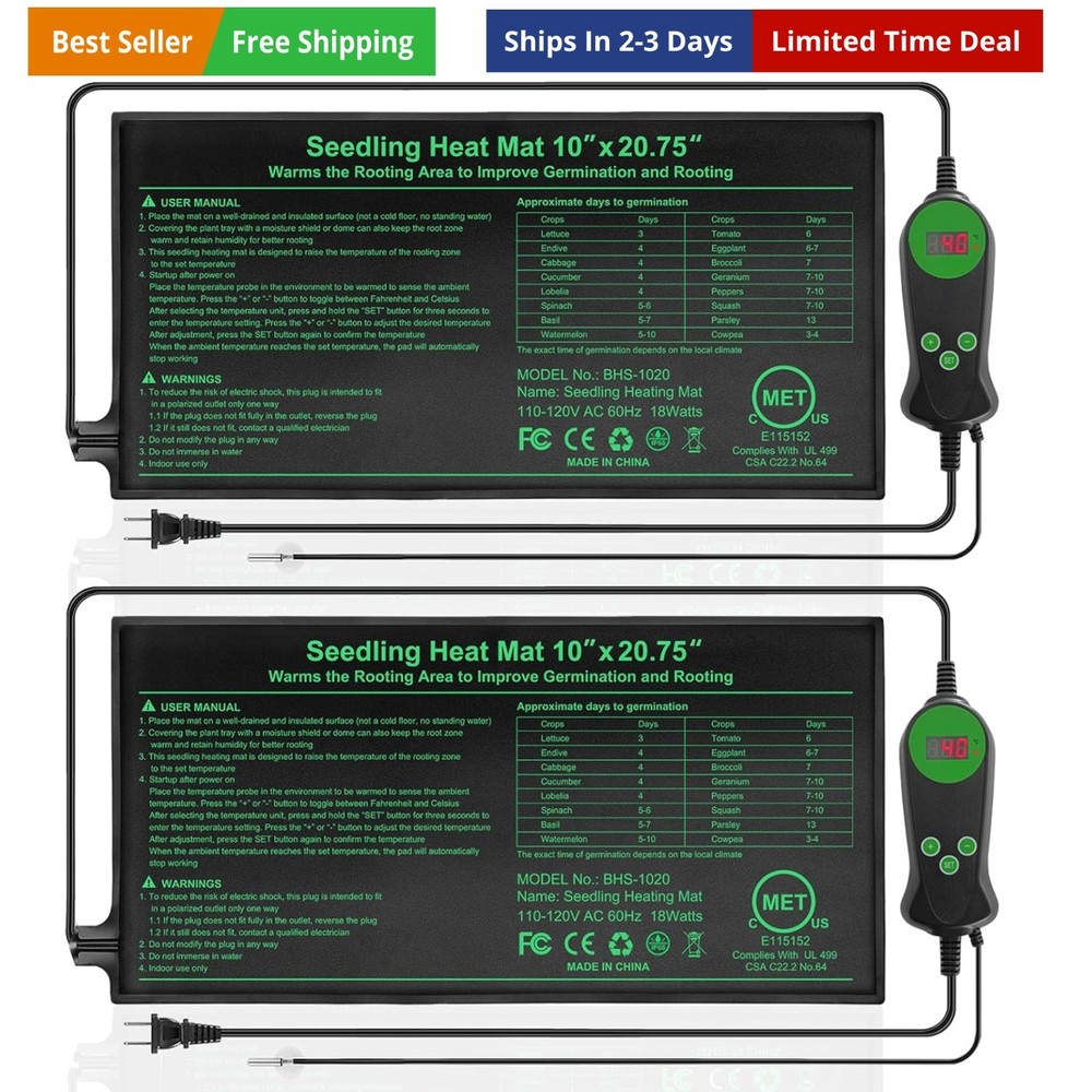 Seedling Heat Mat with Built-in Temperature Controller 2 Pack, 10" x 20.75" P...