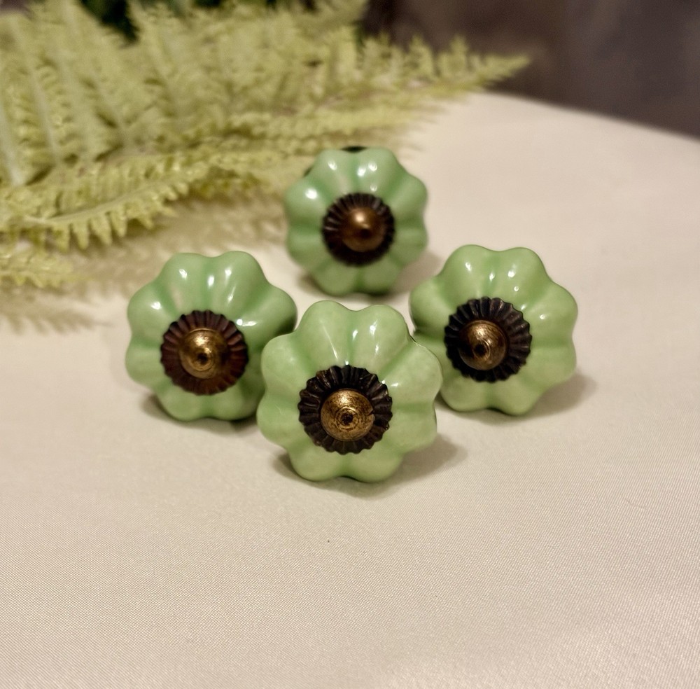 4 Light Green Ceramic Melon Knobs Antique Vintage Green Drawer Pulls