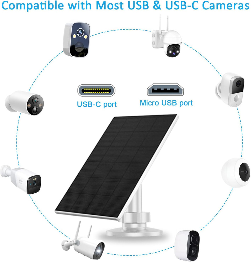 Solar Panel for Security Camera, 2 Pack 2W Solar Charger with Micro USB & USB-C