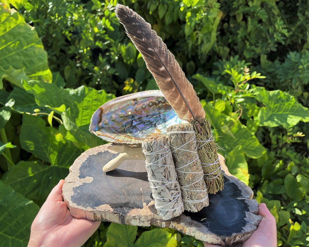 Smudge Kit: Abalone Shell, Cedar, Blue Sage, White Sage Smudge, Feather & Stand