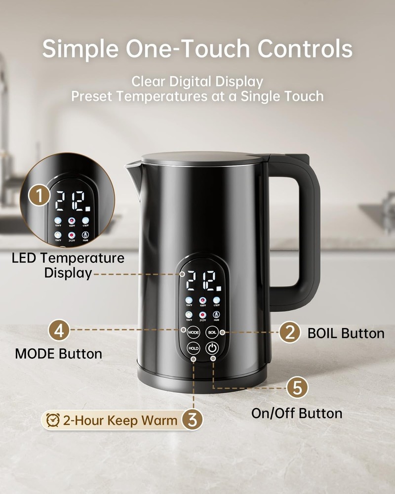 Electric Kettle with Temperature Control, 1.7L Stainless 1.8 Quarts, Black
