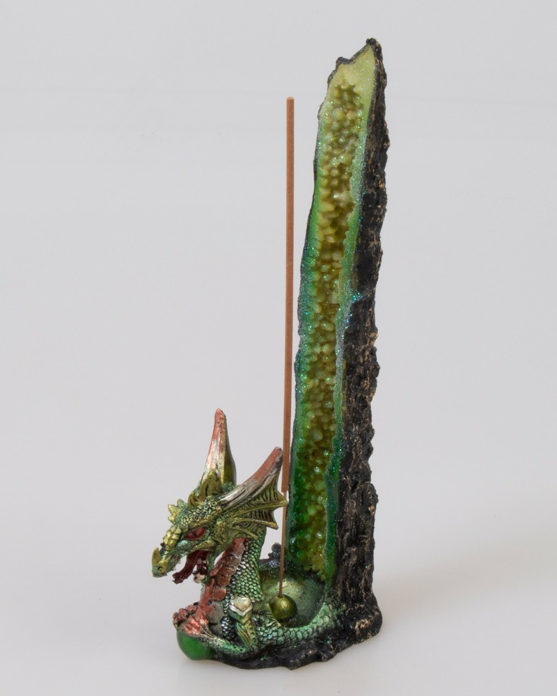Green Dragon Geode Incense Burner Holder Stand Tower Polystone