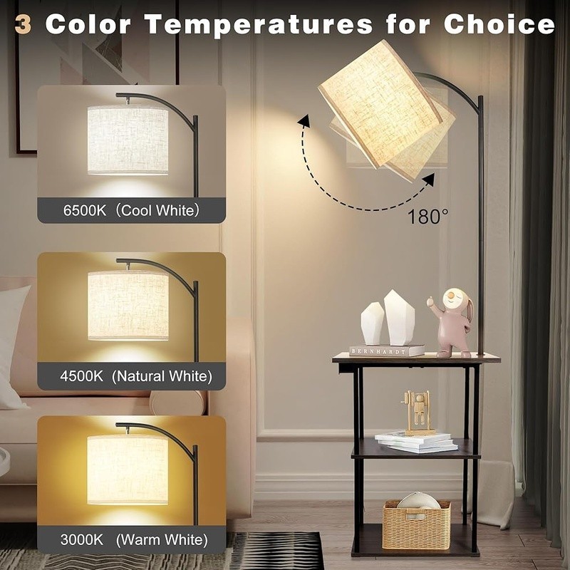 Sturdy Floor Lamp W/ Side Table USB Charging Station Adjustable Warm Light