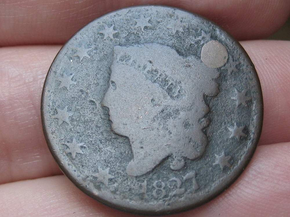 1827 Matron Head Large Cent Penny- Slightly Rotated Reverse, About Good Details