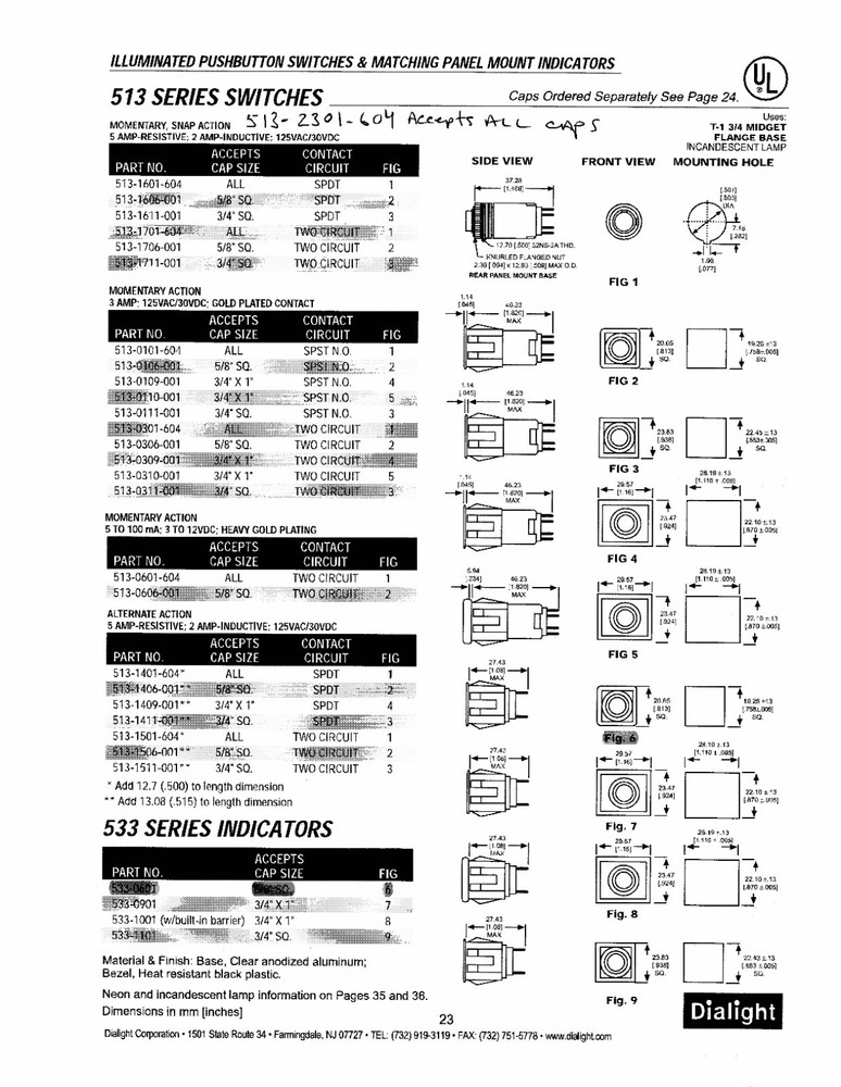 Dialight Dialco Switch Indicator Lens Cap - Many To Chose From NOS