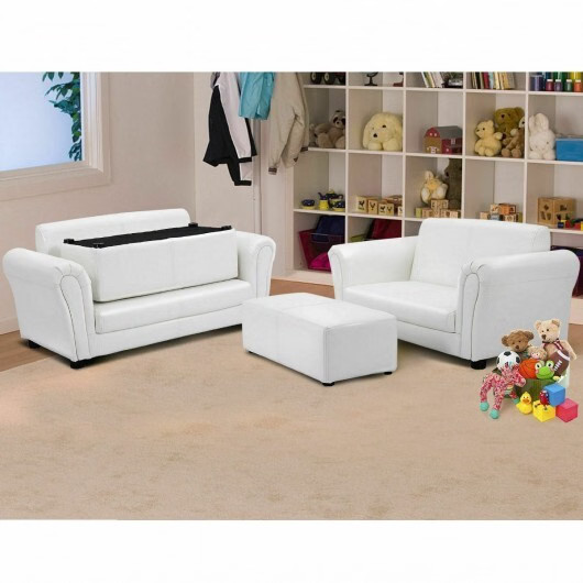 Soft Kids Double Sofa with Ottoman-White - Color: White