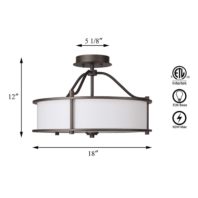 Semi Flush Mount Ceiling Light Bronze Drum Ceiling Light Fabric Shade 3 Light
