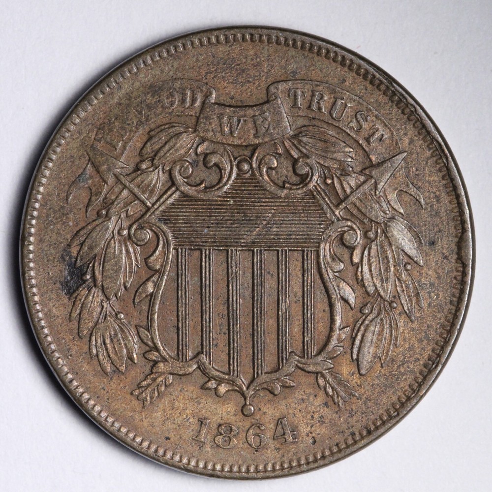 1864 Two 2 Cent Piece CHOICE AU Very Sharp!! Rim CUDS E578 XER**