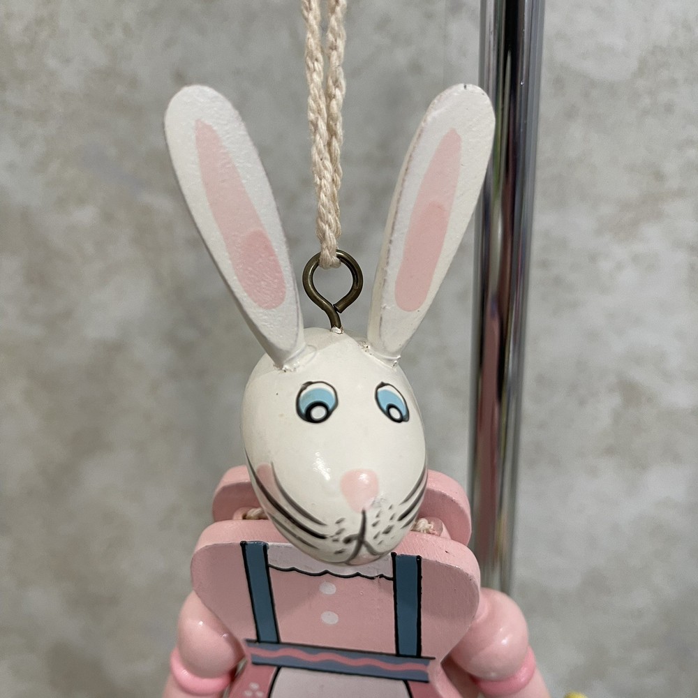 Vintage Wooden Easter Rabbit Bunny Pull-String Toy Jumping Puppet 7.5” H
