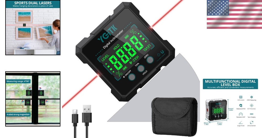 Rechargeable Magnetic Inclinometer with Large Display for Easy Measuring Tasks