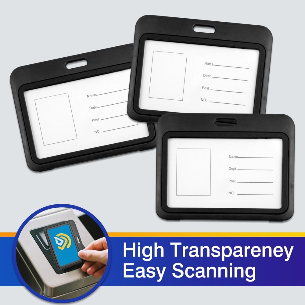 3-Pack Horizontal Hard Plastic ID Badge Holders – Double-Sided Black Card Cas...
