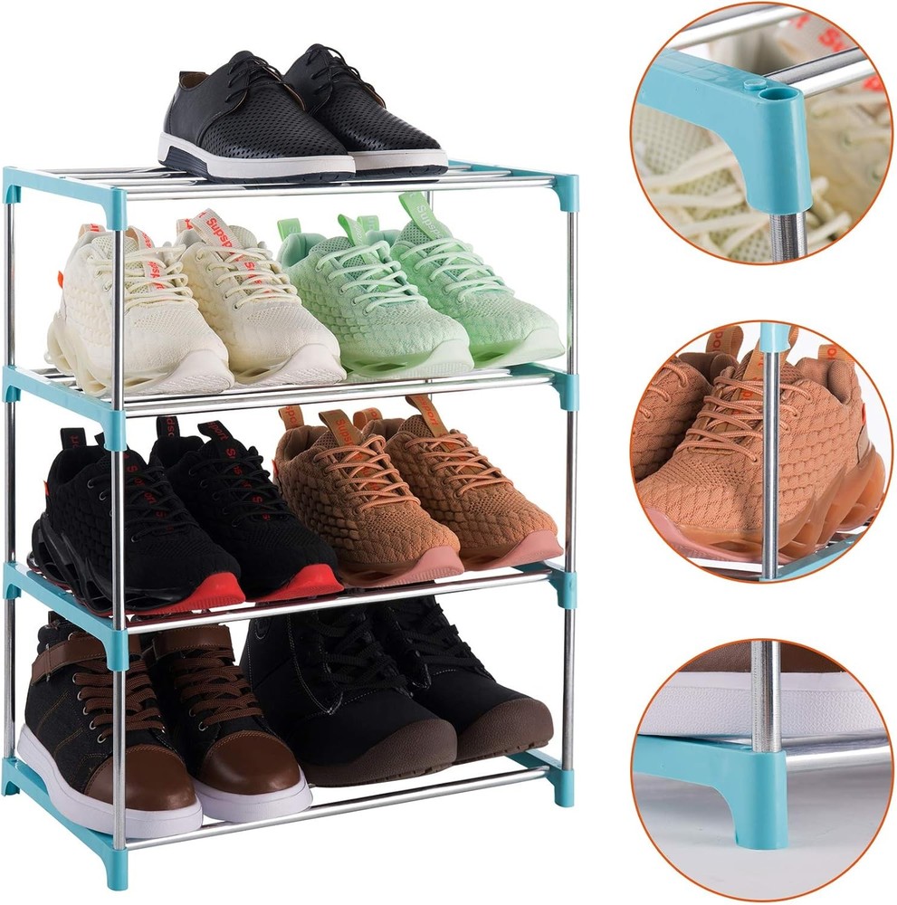 4-Tier Stackable Small Shoe Rack, Lightweight Shelf Storage 4-Tier, Blue