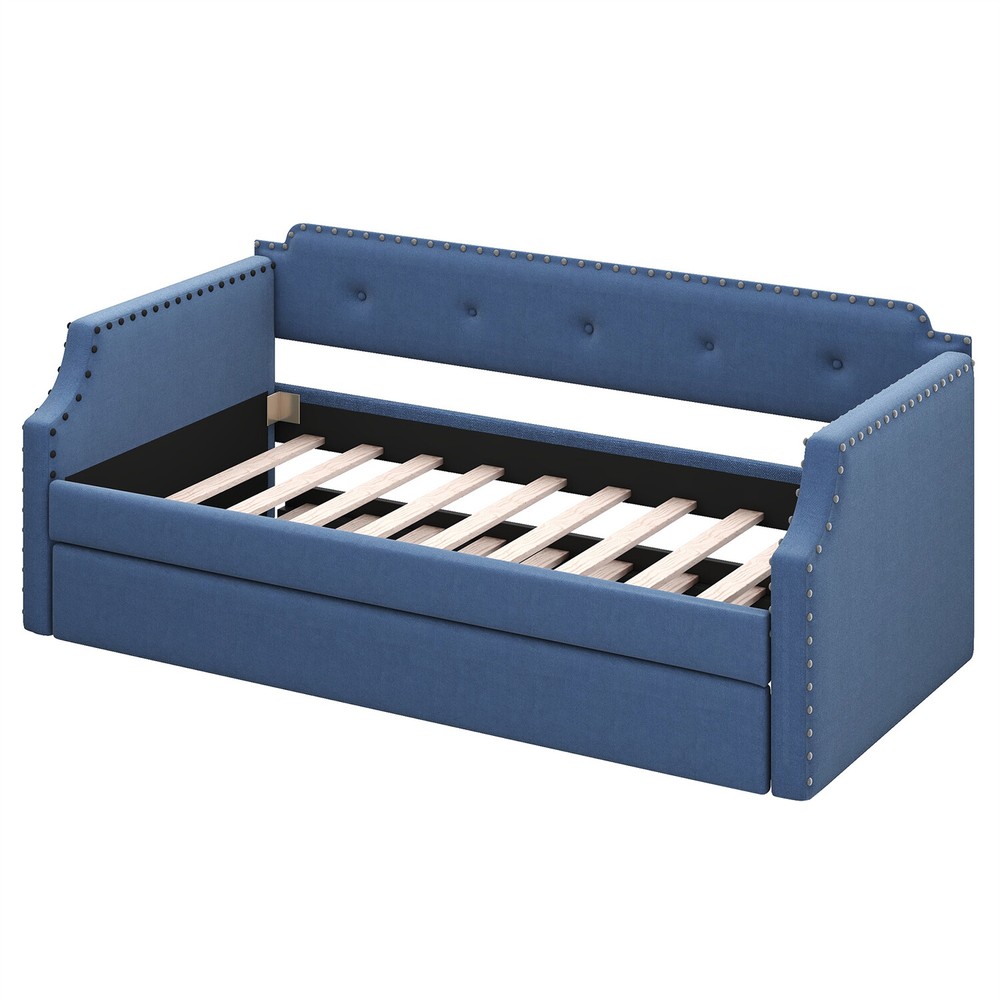 Twin Size Daybed with Pull-Out Trundle Bed Upholstered Bed Frame Sofa Bed Blue