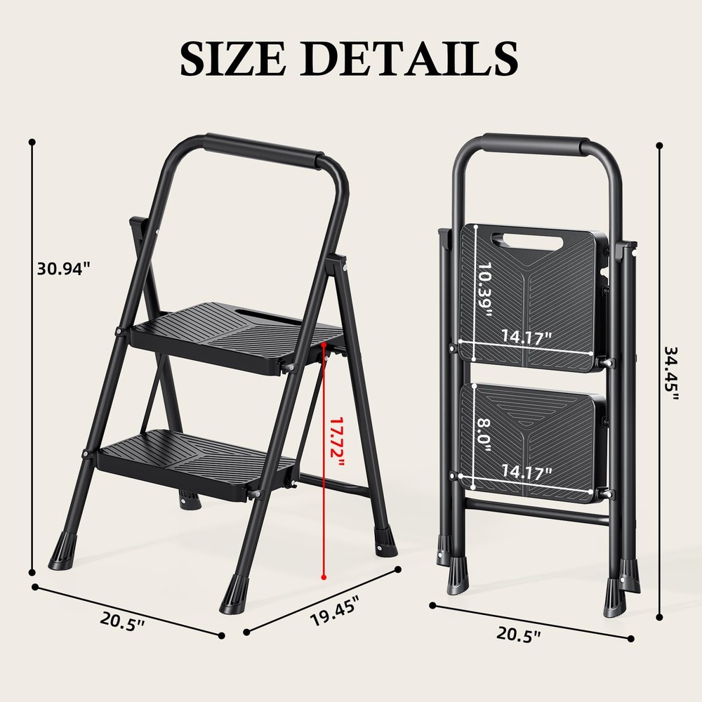 Urackify 2 Step Ladder, Portable Folding Ladder for 2 Black