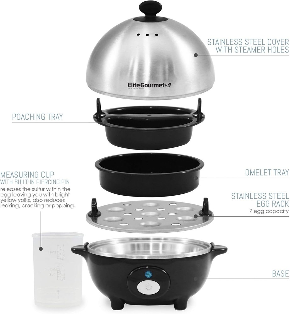 Stainless Steel Egg Cooker with Timer: Cook 7 Eggs Easily, Poach & Omelet Maker