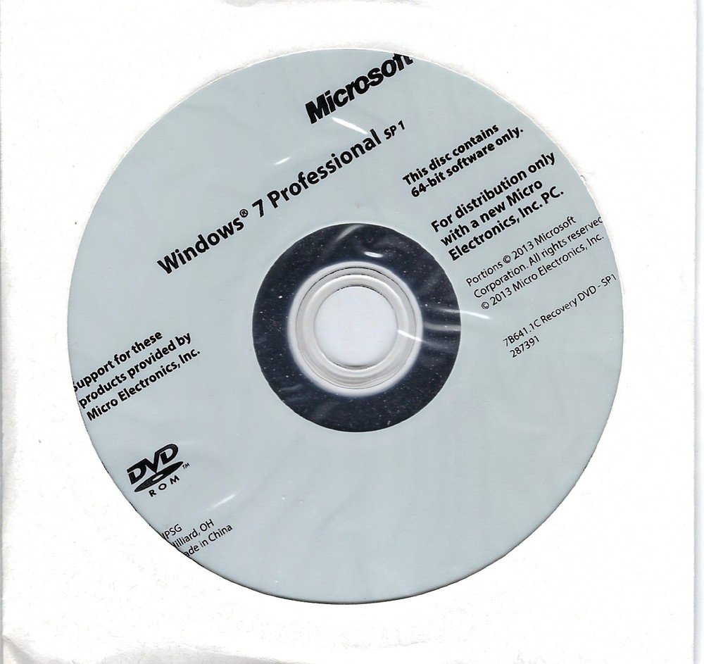 Microsoft Windows 7 Professional w/SP1 64 Bit DVD with Key, unused